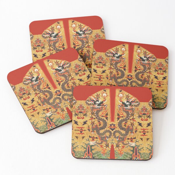 Item preview, BLACK DRAGONS AMONG FLORAL SWIRLS Chinese Embroidery in Gold Yellow Red designed and sold by BulganLumini.