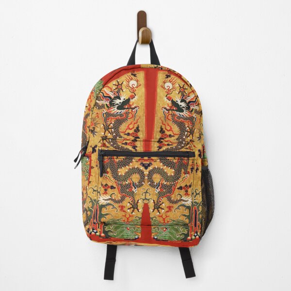 Item preview, BLACK DRAGONS AMONG FLORAL SWIRLS Chinese Embroidery in Gold Yellow Red designed and sold by BulganLumini.