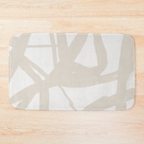 Minimalist Brush Strokes Painting Modern Beige Line Abstract Art Bath Mat