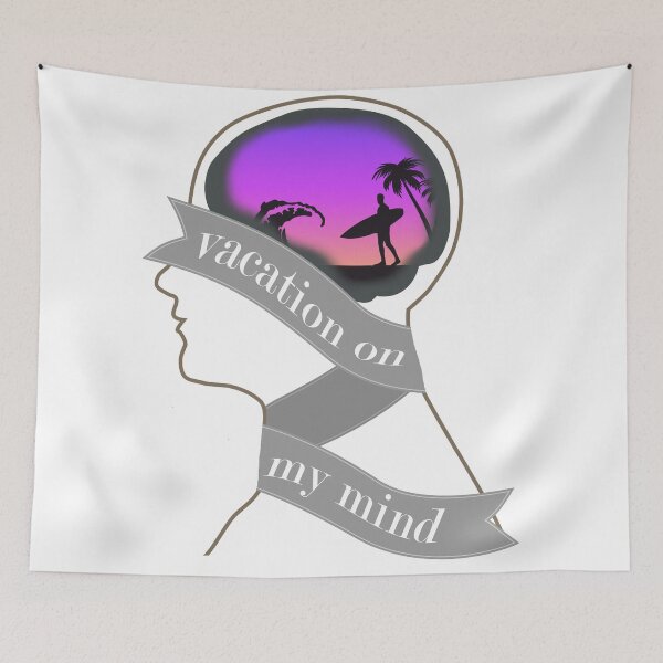 Item preview, Vacation on My Mind- abstract, holiday, beach, sea, ocean, lake, wave, palm, tree, tropical, brain, ribbon, head, bust, outline designed and sold by Bruh-llc.