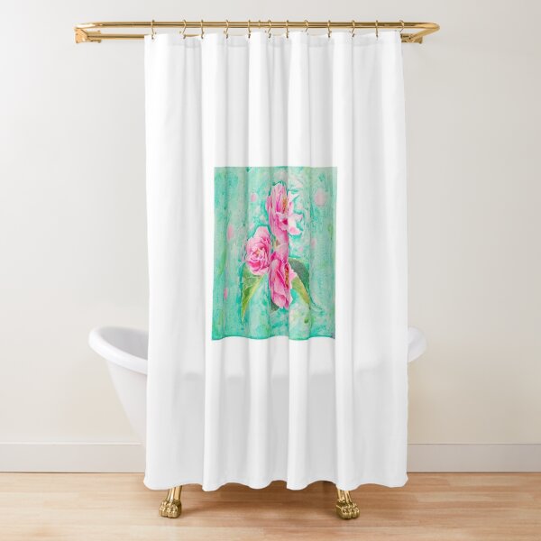 Three Pink Blossoms with Teal Shower Curtain