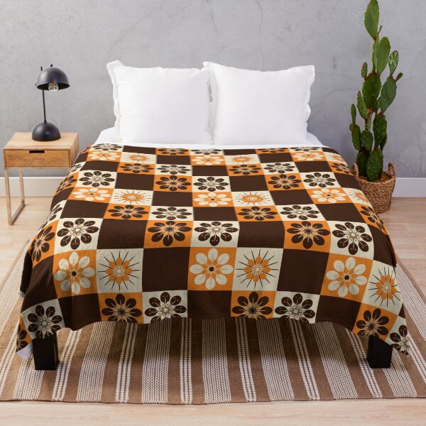 Item preview, Summer Picnic Orange Brown Check Flowers Vintage Retro 50s 60s 70s MCM Mid Centrury Modern Mod designed and sold by LoreliDesigns.
