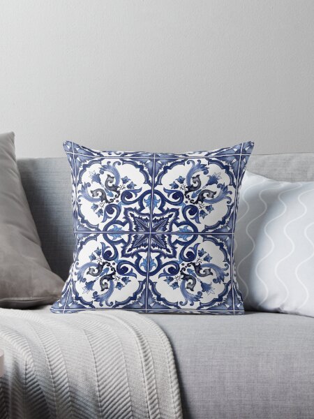 Blue Ornate Floral Mediterranean Sicilian Tile Pillow for Sale by SydneyPapierCo Redbubble