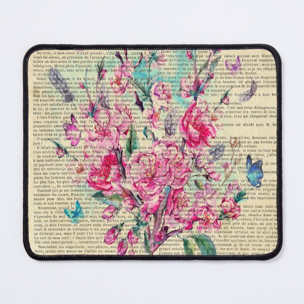 Item preview, Botanical print, on old book page - pink garden flowers and butterflies designed and sold by Art by Lilia.
