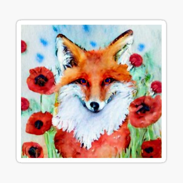Item preview, Watercolor of Fox in a field of Poppies designed and sold by CattlettArt.