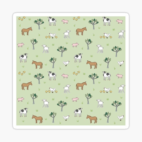 On the farm - cute hand drawn horses, cows, pigs, lambs and chickens on light green Sticker