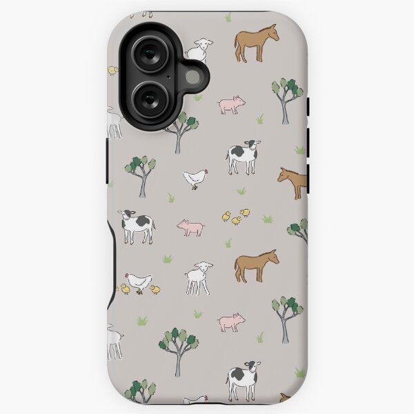 On the farm - cute hand drawn horses, cows, pigs, lambs and chickens on taupe iPhone Tough Case