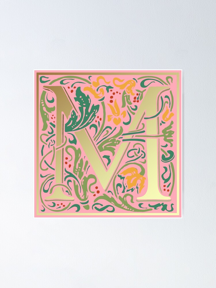 "William Morris Illuminated Initial Capital Letter M in Pink" Poster