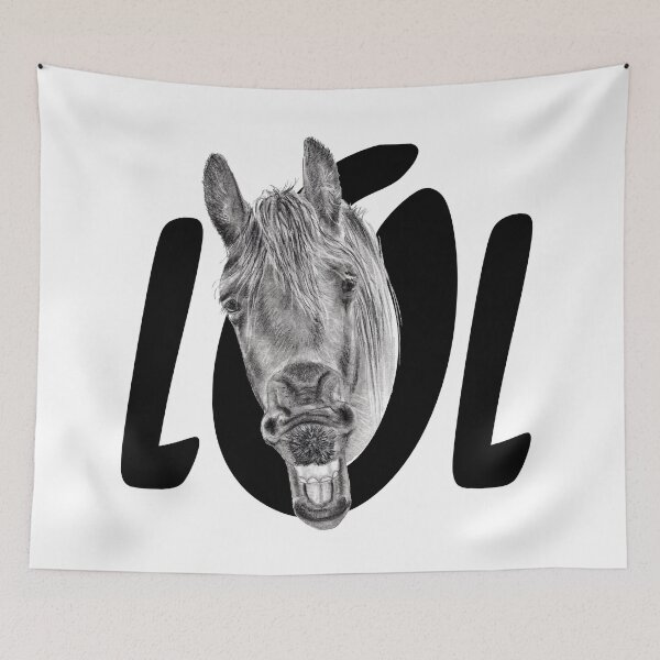 Item preview, Portrait of a Friesian yawning, with text LOL designed and sold by SylvieG18.