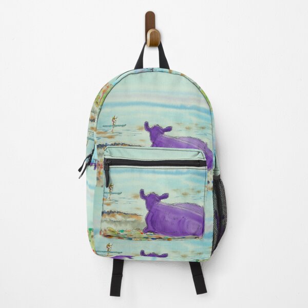 Item preview, Surreal beach painting with purple cow and paddleboarders designed and sold by MikeJory.