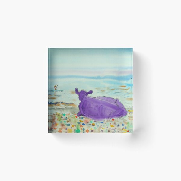 Item preview, Pintura de playa surrealista con vaca morada y paddleboarders designed and sold by MikeJory.
