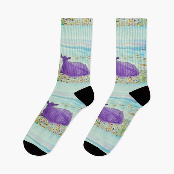 Item preview, Surreal beach painting with purple cow and paddleboarders designed and sold by MikeJory.