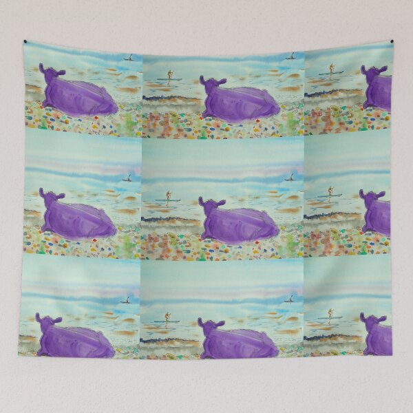 Item preview, Surreal beach painting with purple cow and paddleboarders designed and sold by MikeJory.