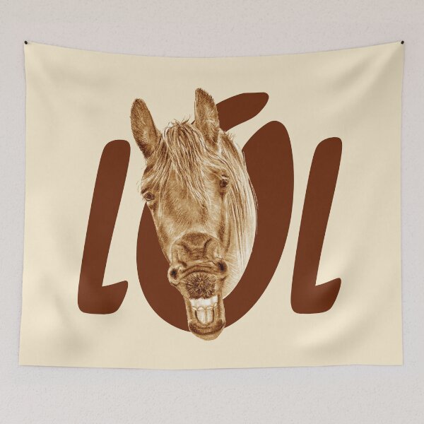 Item preview, Portrait of a Friesian yawning, with text LOL - brown colorized version designed and sold by SylvieG18.