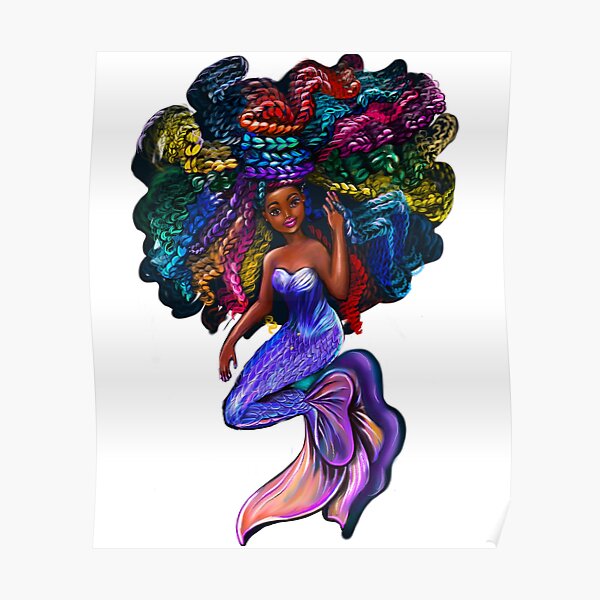 "African American mermaid with flowing rainbow braids 2, brown eyes