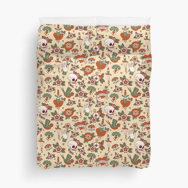 Traditional Old School Tattoo Pattern Duvet Cover