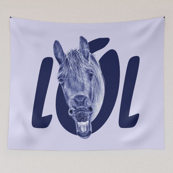 Item preview, Portrait of a Friesian yawning, with text LOL - blue colorized version designed and sold by SylvieG18.