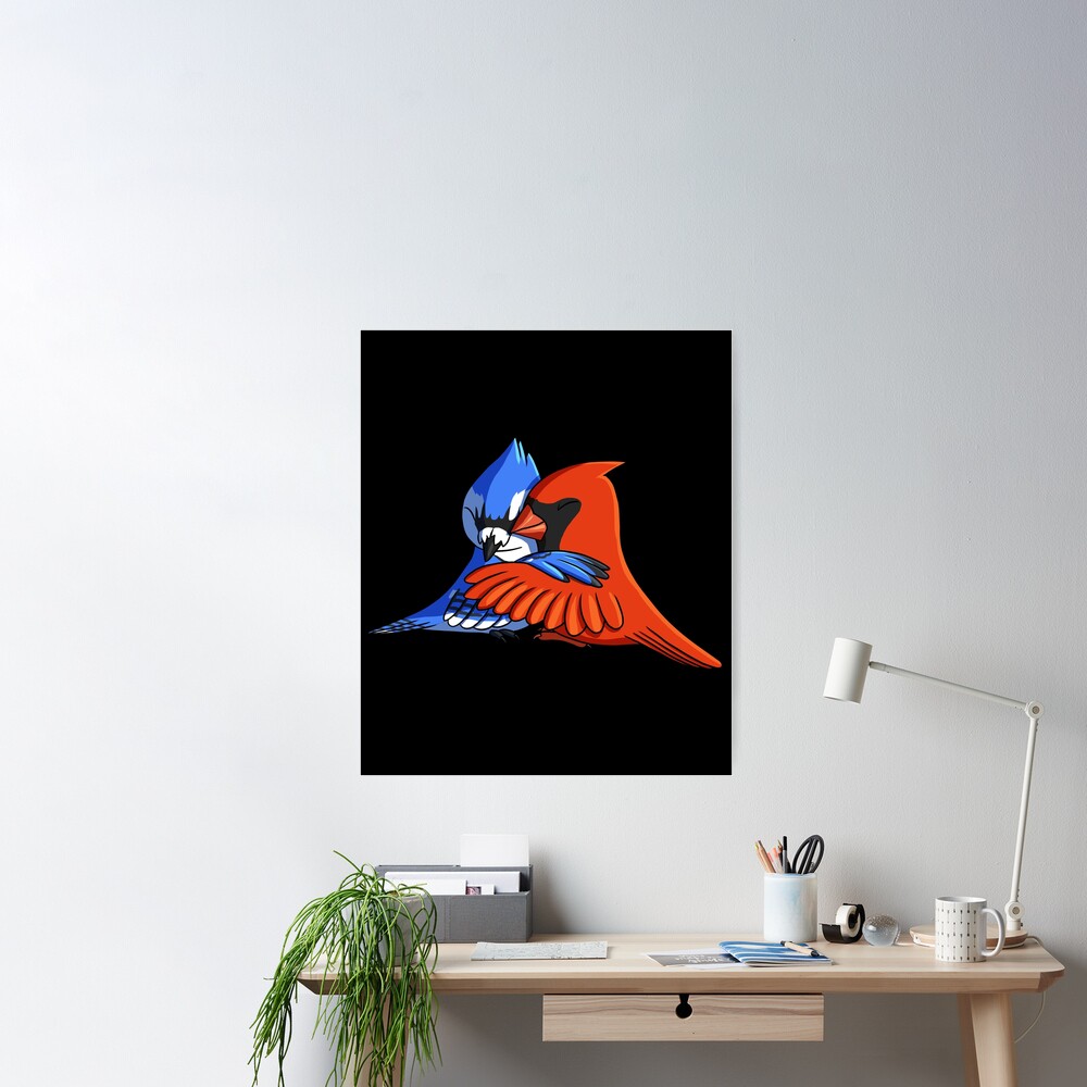 Blue Jay Bird Hugging Northern Cardinal Art Print