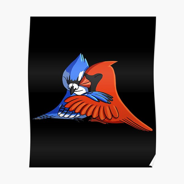 Blue Jay Bird Hugging Northern Cardinal Poster by alwe-designs