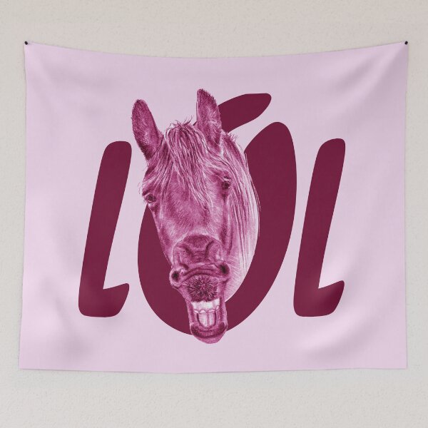 Item preview, Portrait of a Friesian yawning, with text LOL - purple-pink colorized version designed and sold by SylvieG18.