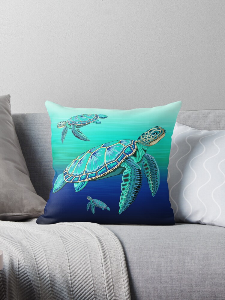 Thumbnail 1 of 3, Throw Pillow, Sea Turtle Turquoise Oceanlife designed and sold by BluedarkArt.