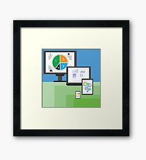 colorful illustration with modern electronic mobile devices on green and blue background Framed Print