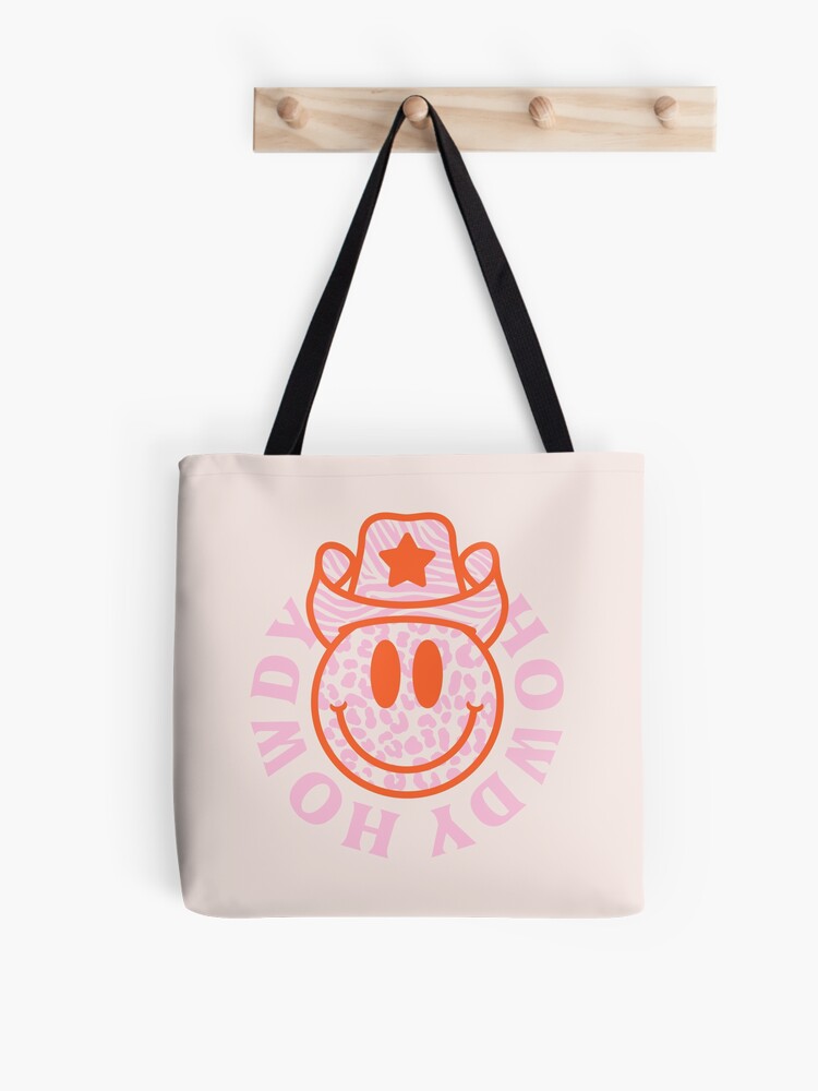 HOWDY YALL | Preppy Aesthetic Smiley Face with Leopard Texture Zebra Cowboy  Hat | Pastel Pink Red Orange White Background | Tote Bag