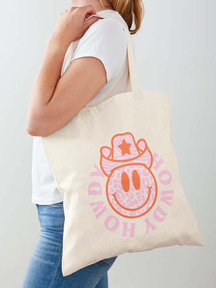 HOWDY YALL | Preppy Aesthetic Smiley Face with Leopard Texture Zebra Cowboy  Hat | Pastel Pink Red Orange White Background | Tote Bag