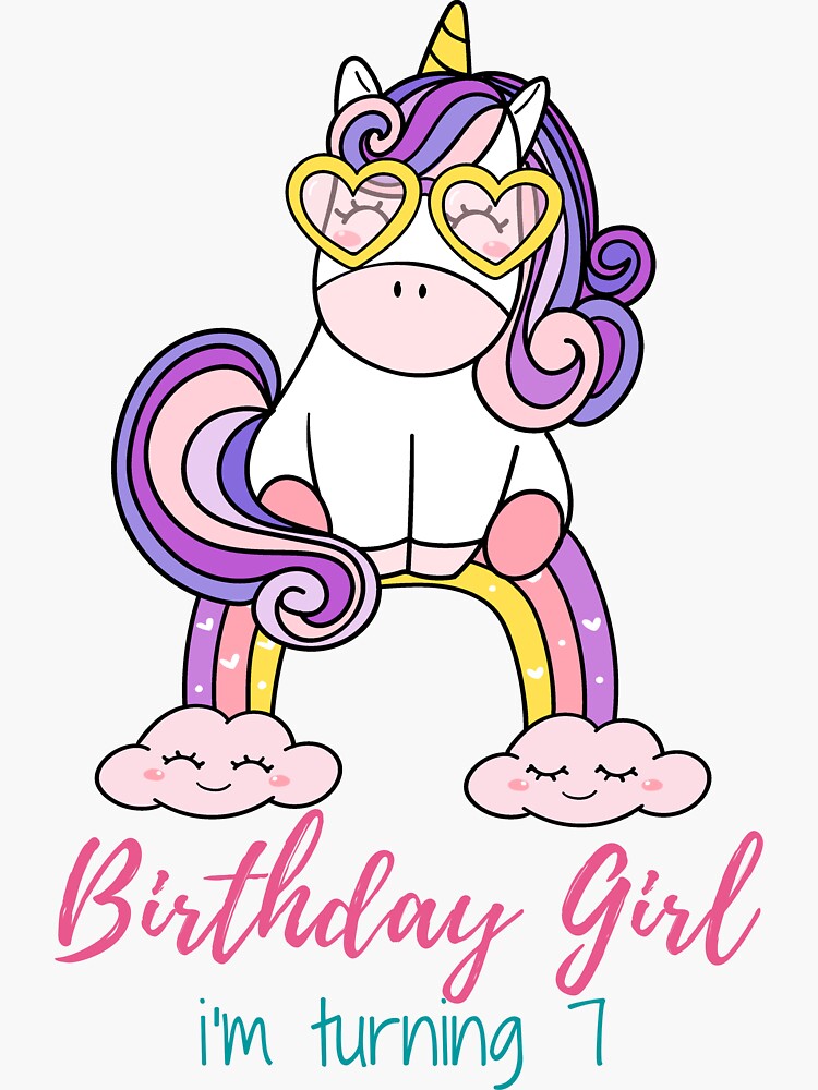  Unicorn Theme Birthday Girl T Shirt For 7 Year Old Sticker For Sale