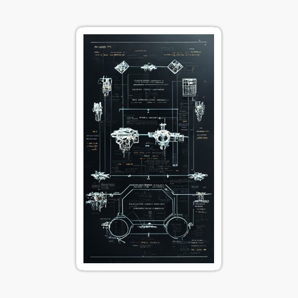 A picture of a blueprint of some kind of sci-fi spaceship or computer of the future. Sticker