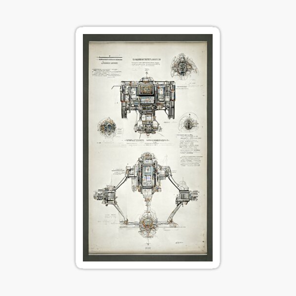 A picture of a blueprint of some kind of sci-fi spaceship or computer of the future. Sticker