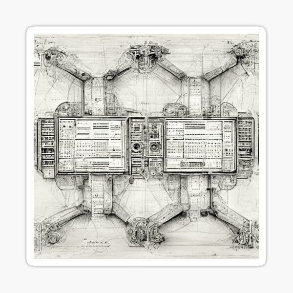 A picture of a blueprint of some kind of sci-fi spaceship or computer of the future. Sticker