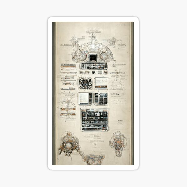 A picture of a blueprint of some kind of sci-fi spaceship or computer of the future. Sticker