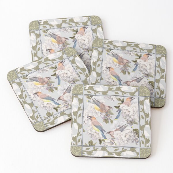 Item preview, Cedar Waxwings and Peonies in Green designed and sold by The Willow Of  Rain City.
