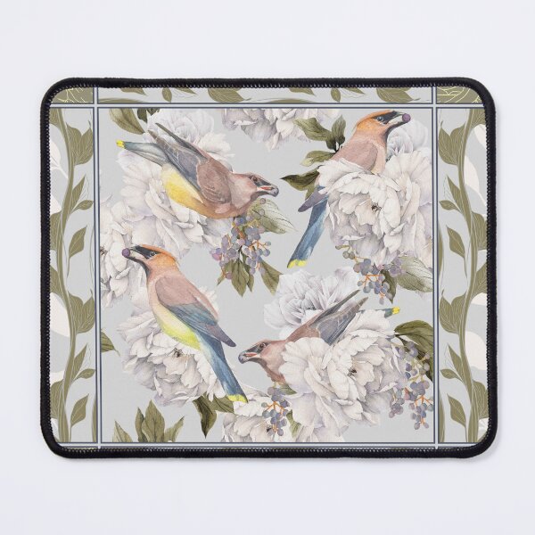 Item preview, Cedar Waxwings and Peonies in Green designed and sold by The Willow Of  Rain City.