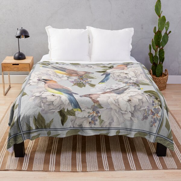 Item preview, Cedar Waxwings and Peonies in Green designed and sold by The Willow Of  Rain City.