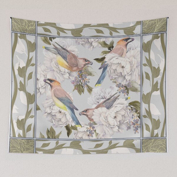Item preview, Cedar Waxwings and Peonies in Green designed and sold by The Willow Of  Rain City.