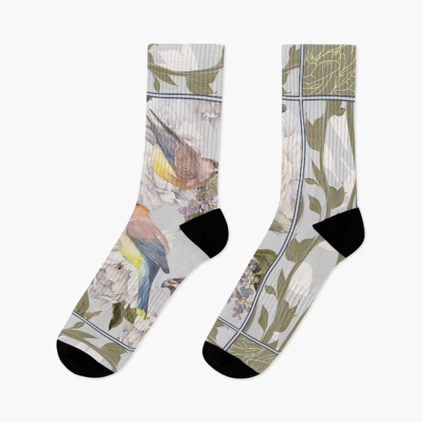 Item preview, Cedar Waxwings and Peonies in Green designed and sold by The Willow Of  Rain City.