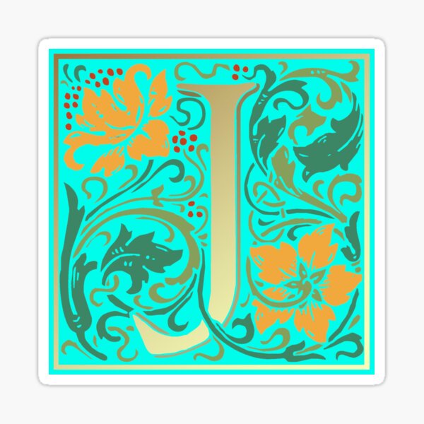 "William Morris Illuminated Initial Capital Letter J in Light Blue