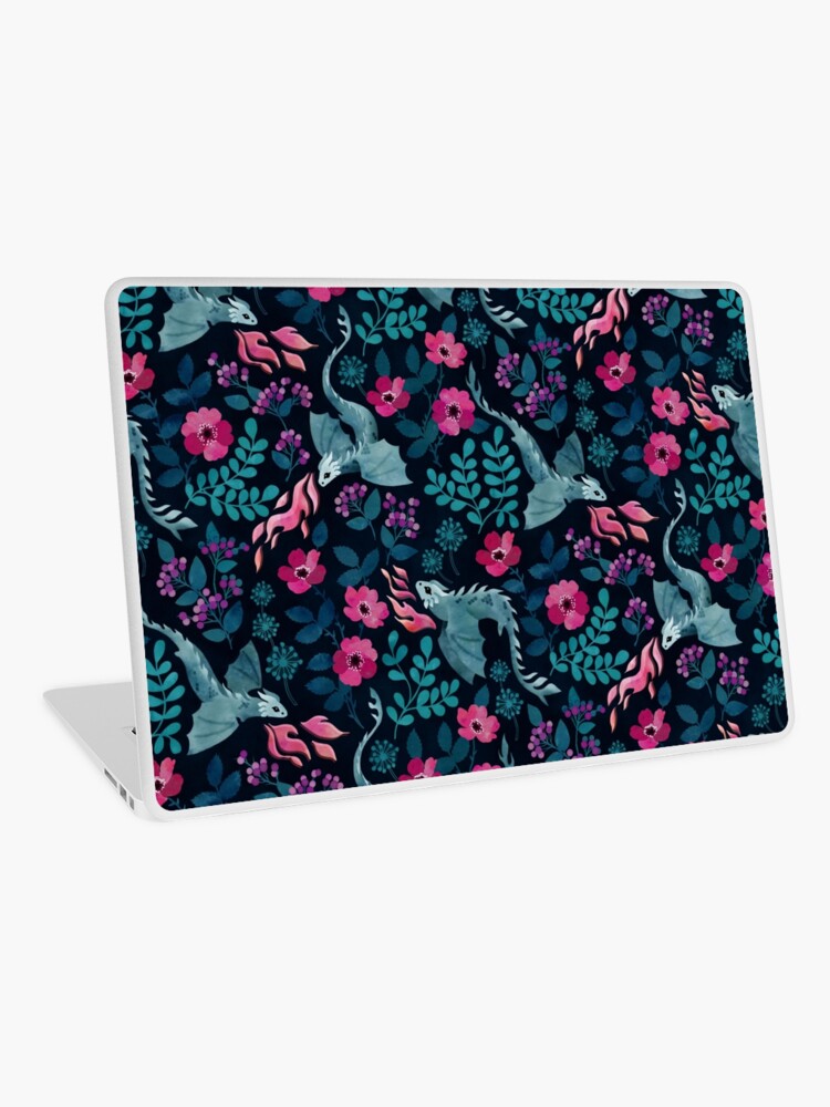 Aperçu 1 sur 2. Skin adhésive d'ordinateur avec l'œuvre Motif floral de dragons dans des tons de bijoux sombres créée et vendue par adenaJ.