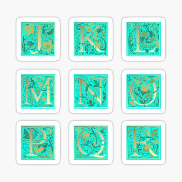 "Sticker Pack William Morris Illuminated Letters J to R in Light Blue