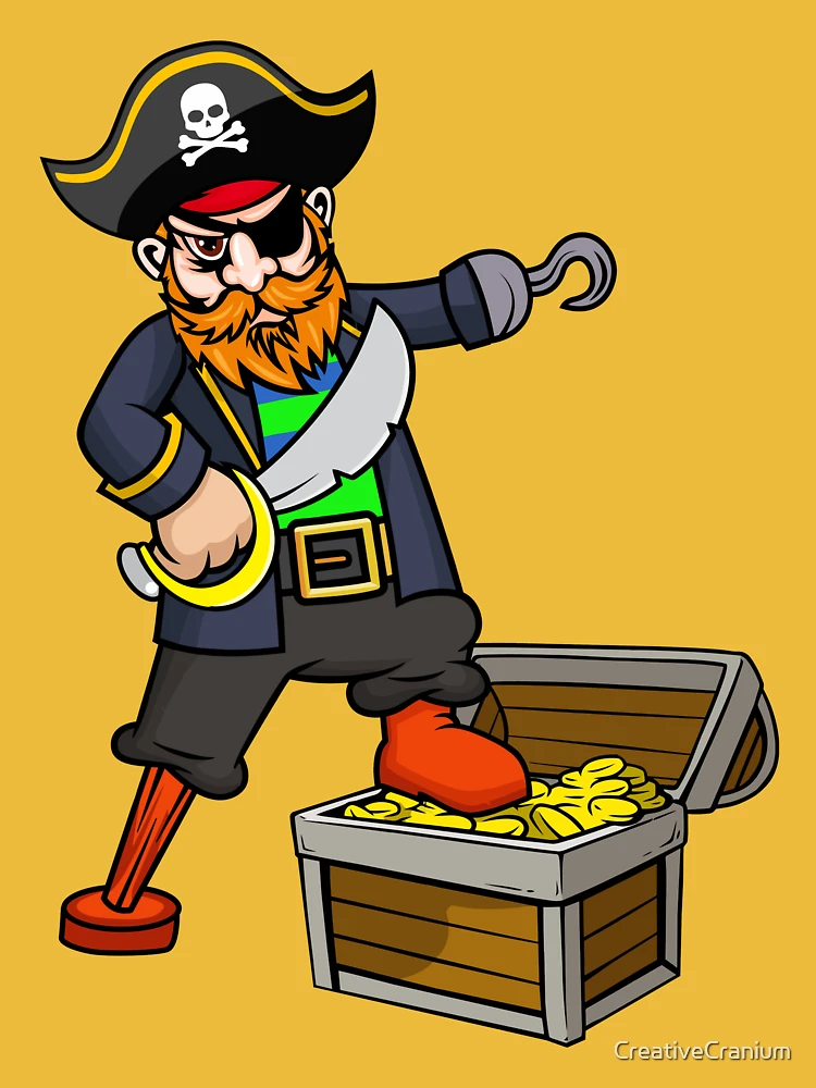 Pirate With Peg Leg, Hook, Eye Patch, Sword, & Treasure Chest | Essential  T-Shirt