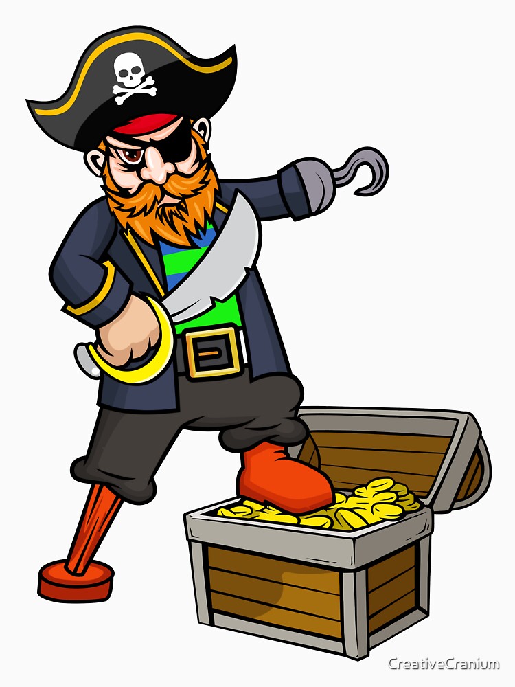 Pirate With Peg Leg, Hook, Eye Patch, Sword, & Treasure Chest | Essential  T-Shirt