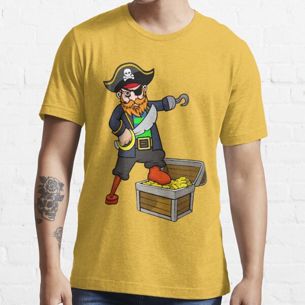 Pirate With Peg Leg, Hook, Eye Patch, Sword, & Treasure Chest  Essential T- Shirt for Sale by CreativeCranium