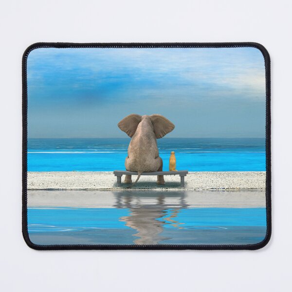 Item preview, elephant and dog sitting on sandy beach designed and sold by Mike Kiev art.