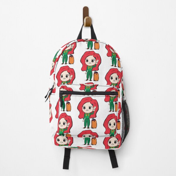 Aperçu de l'œuvre Fille aux cheveux roux vêtue de vert avec une valise en agitant créée et vendue par CreativeCranium.
