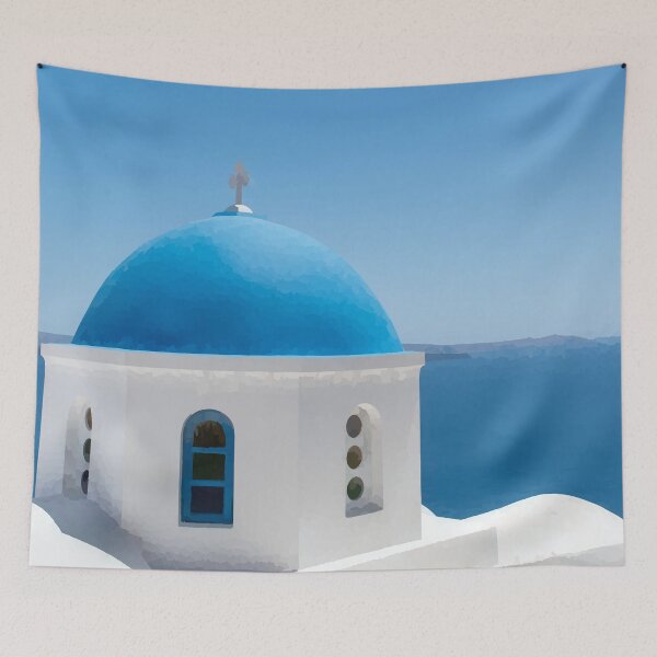 Item preview, Blue-Domed Church in Santorini with a Sea View - Watercolour Style designed and sold by WWWC2288.