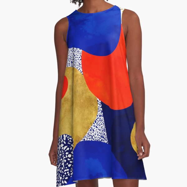 Terrazzo galaxy midnight blue yellow golden orange A-Line Dress