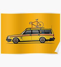 Yellow Volvo 245 Wagon With Roof Rack and Vintage Bicycle Poster