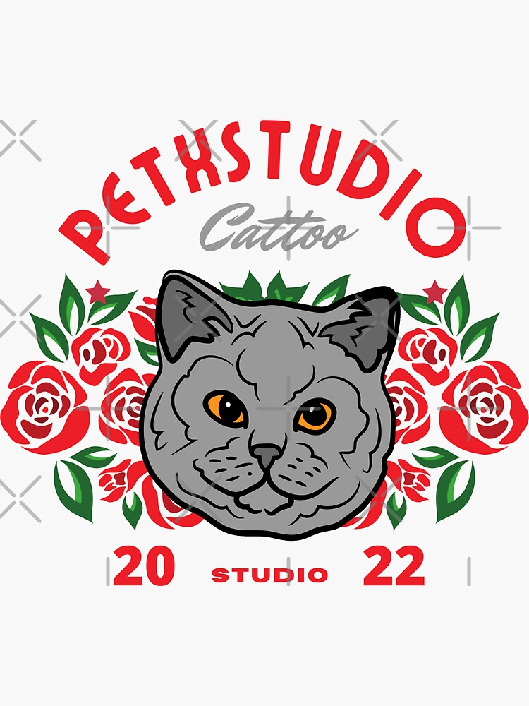 "PetX Studio Cattoo British Shorthair On Roses Cat Mat" Sticker for Sale by PetX Redbubble